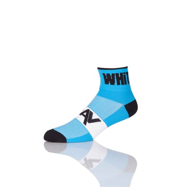 A single 3 inch Sky Blue Cycling Sock displayed against a white background with a reflective surface below it.