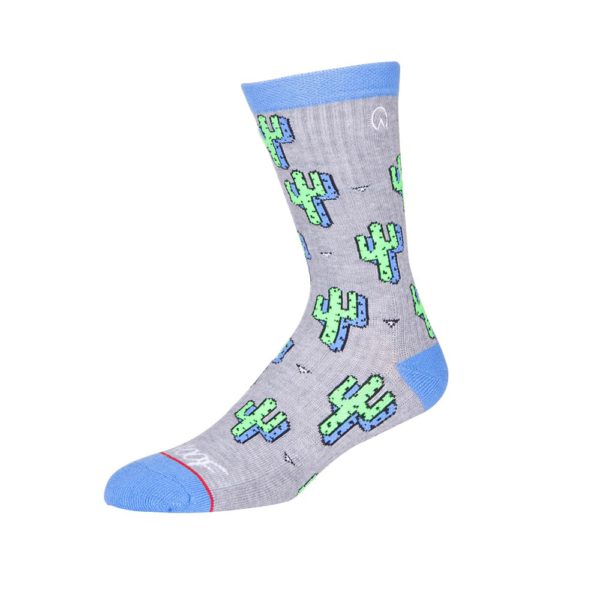 A single Cool Funky Gym Sock with a blue toe, heel, and cuff, decorated with a pattern of green cacti.