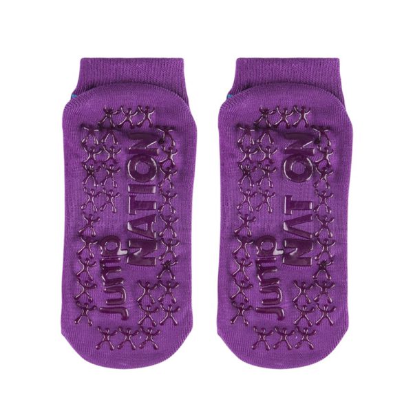 Pair of purple Altitude Trampoline Park Socks, Waterproof Trampoline Socks with grip patterns and "jump nation" text.