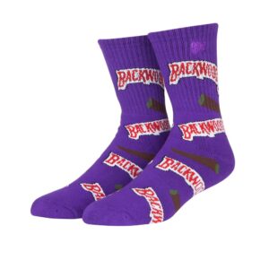 A pair of Custom Embroidered Socks with 'backwoods' text and leaf motifs.