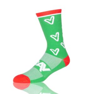 A single Green Cycling Sock with white hearts and a red toe and cuff on a white background.