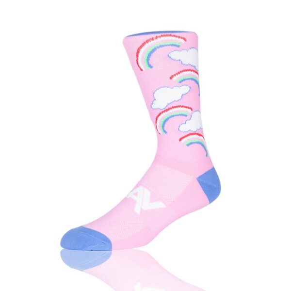 Pink Rainbow Cycling Socks with cloud pattern and blue toe detail.