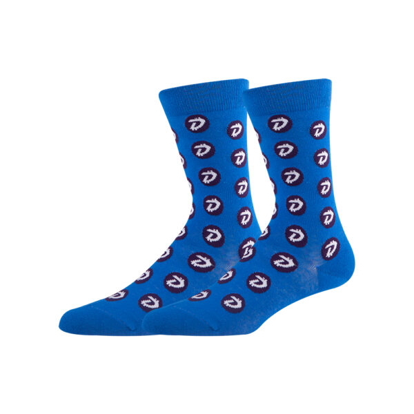 Bright blue crew socks with circular motifs and white arrow symbols. Customizable for wholesale orders from Sinoknit. Perfect gift!