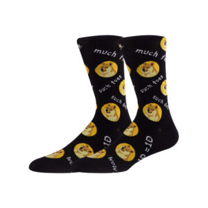 Schwarze Sinoknit Fun-Socken mit Doge-Meme-Gesichtern und Sätzen wie „much wow“ und „such doge“, perfekt für Männer und Frauen, die auf der Suche nach einzigartigen, individuell gestalteten Socken sind.