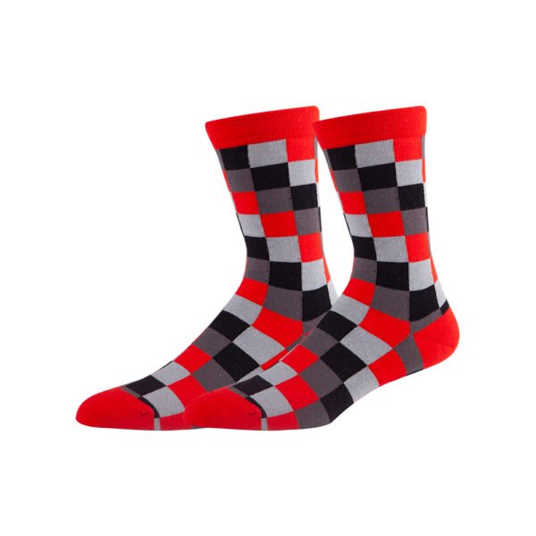 Wholesale Cool Men's Sinoknit Checkered Novelty Crew Socks in red, black, and gray.