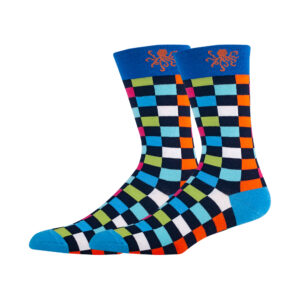 Sinoknit's novelty socks: checkered pattern in blue, orange, green, black, white, with a small orange octopus near the top.