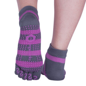 grey and purple striped Individual Toe Women's Yoga Socks with grip patterns and "Yoga" woven into the design.