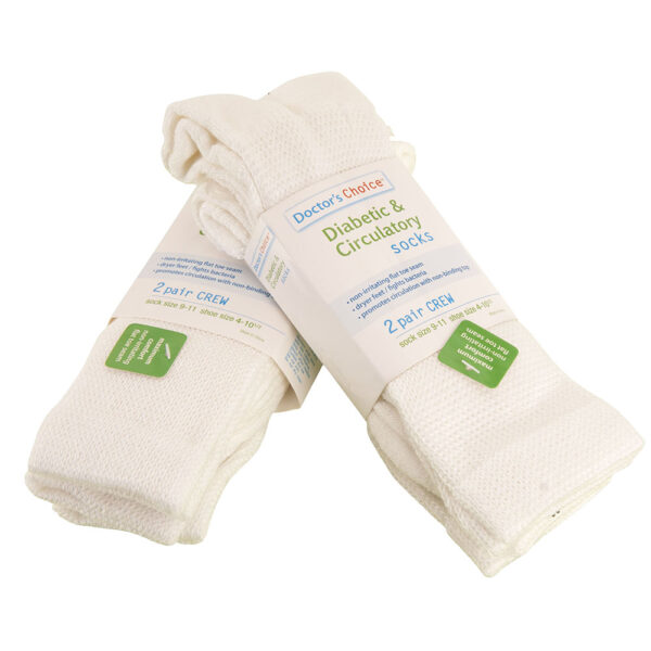 Rolled-up white 'Over the Calf Diabetic Socks.' Each package includes two pairs of knee-high socks for comfort and support.