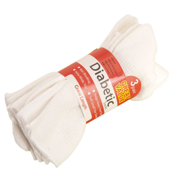 Three pairs of white diabetic over-the-calf socks, non-binding, moisture-wicking, and antibacterial. Ideal for wholesale. Superior comfort.