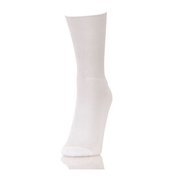 Over the Calf Diabetic Socks, Wholesale, Over the Knee - one white sock on a solid surface against a white background.