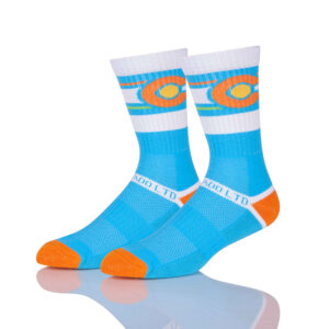 Blue and orange calf length socks with white accents and a circular pattern, suitable for any wardrobe or wholesale order.