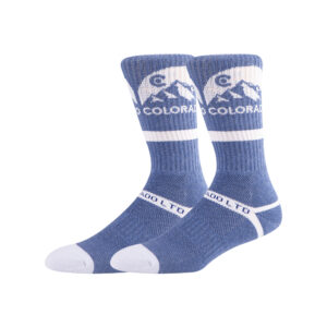 Personalized socks with a blue and white mountain design and "Colorado" text for men and women.