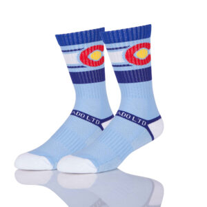 Custom blue & white sports socks with a yellow circle near the cuff. For men and women.