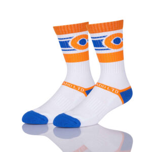 Knee-high white athletic socks with orange/blue accents. Ideal for team basketball, they offer style and performance.