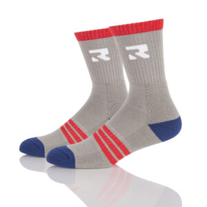 Sinoknit Custom Knitted Socks: gray, red, blue with white "R" logo. A fun gift for men and women.