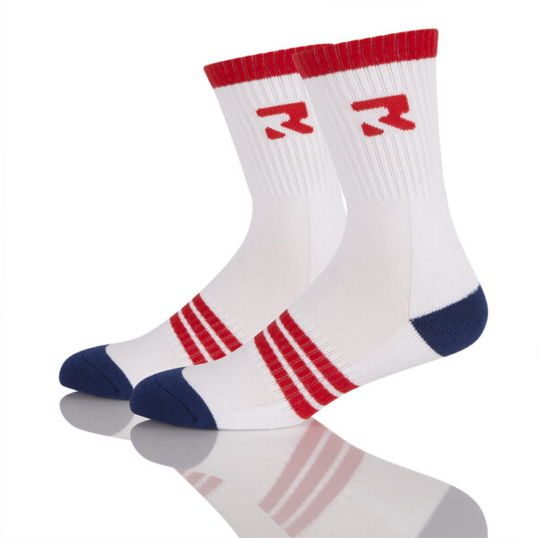 Sinoknit crew socks with white fabric, red tops/stripes, and navy blue toes/heels.