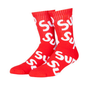 Unisex Sinoknit red socks with "Sup" in white, custom photo for men and women.