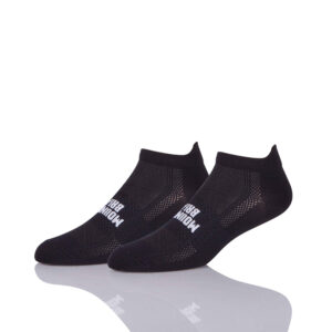 Pair of black Sinoknit gym socks with white text, displayed on a reflective surface.