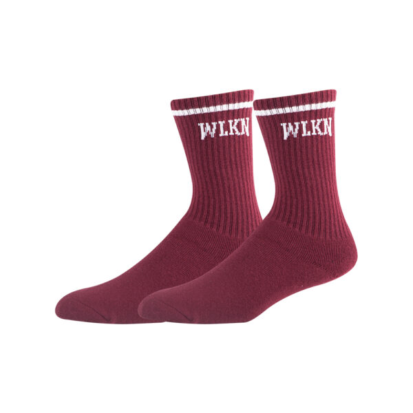 Maroon socks with "WLKN" in white lettering, perfect as a funny, customizable gift for any occasion.