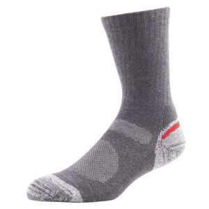 Grey Merino Wool sock with light grey heel, toe, red stripe. Ideal for comfort and durability in hiking.