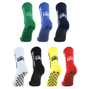 Seven pairs of anti-slip grip socks in various colors, featuring branding and sole patterns for balance and stability.