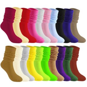 Calzini Sinoknit Slouch Socks for Women presentati in colori vivaci come rosso, rosa, blu, nero, verde e altro. Ogni paio presenta un top arricciato chic.