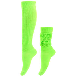 Displayed are two pairs of neon green "Men and Women's Fall Winter Slouch Socks": one long ribbed pair, and one shorter ruched pair. Great for wholesale.