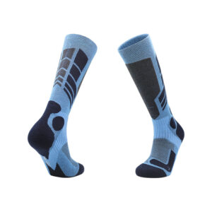 Merino Wool Ski Socks: μπλε μέχρι το γόνατο, αφηρημένα μοτίβα σκούρο μπλε/γκρι, ιδανικά για snowboard.