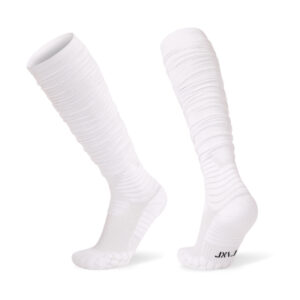 Sinoknit Custom White Tube Socks, ribbed texture, reinforced toes. One sock stands upright, the other displays the logo on the bottom.