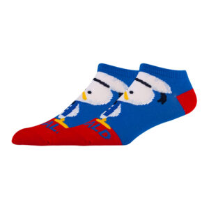 Chaussettes sous la cheville avec motif de canard de dessin animé en bleu et rouge.