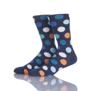 Kaus kaki pernikahan pria Sinoknit Custom, biru tua dengan motif polkadot warna-warni biru, oranye, dan putih. Hadiah personal yang ideal!