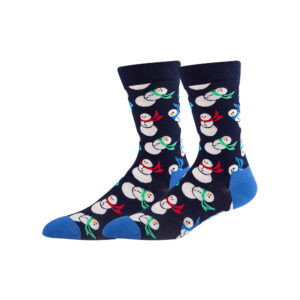 Sinoknit offers cool navy blue men's socks with snowmen in red and green scarves and contrasting blue toe and heel sections.