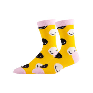 Sinoknit yellow office socks with pink cuffs, heels, toes, and black-and-white smiley faces. Perfect for The Office fans.