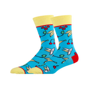 Introducing Sinoknit colorful mid-high socks: blue base, yellow cuffs/toes/heels, with lively bird, cherry, and banana patterns.