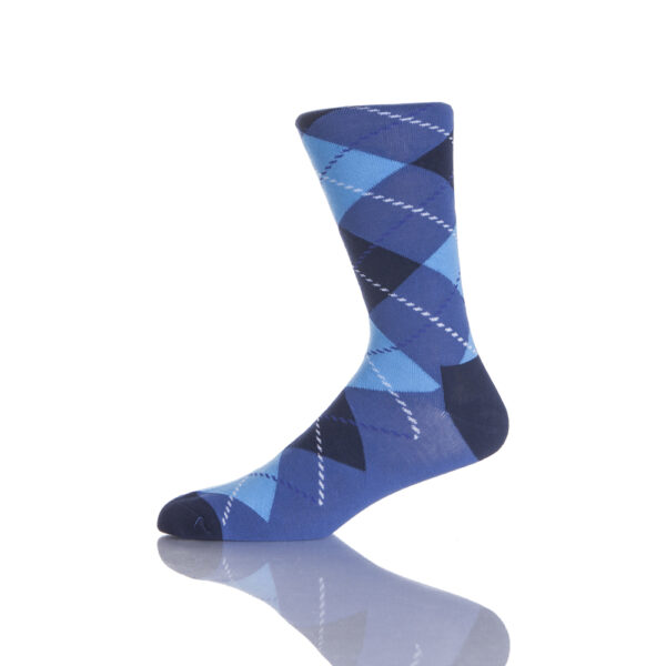 A blue Sinoknit dress sock with blue/white diamonds on a reflective background. Perfect novelty gift for men who love unique style.