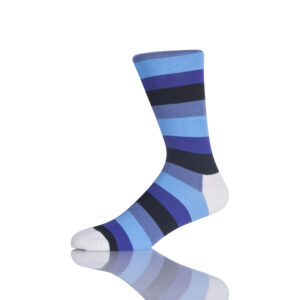 A Sinoknit Groomsmen Dress Sock in blue, navy, and white stripes stands upright with a mirrored reflection—ideal for groomsmen.