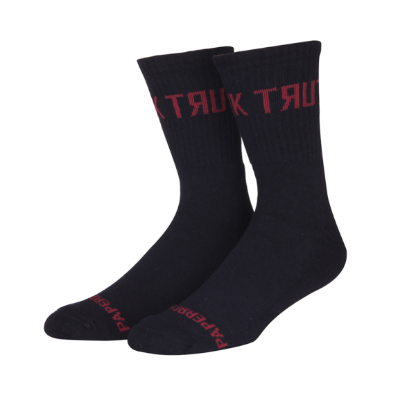 Black crew socks with cuffs and toes, displayed upright on white background—ideal for custom wholesale.