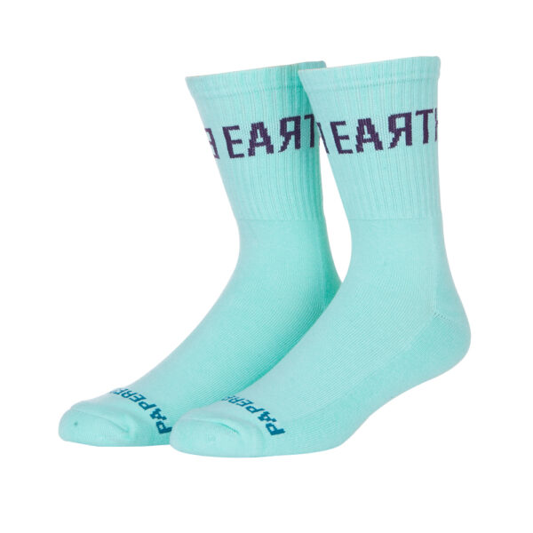 Blue ankle socks with "EARTH" at the top and "PARADISE" on the toes. Perfect for pairing with shorts. Ultimate comfort toe seam.