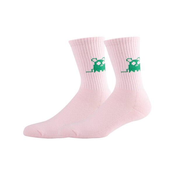 Sinoknit Silly Socks with a pink base and green pixelated cat near the top, perfect for a unique gift.