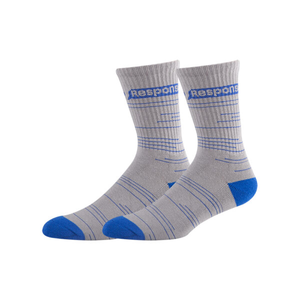 Gray socks with blue accents and "Response" at the top, ideal for Awesome Socks Club members. Introducing our Custom Crew Socks!