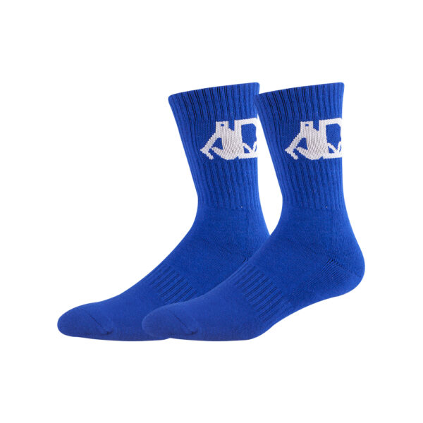 Blue crew socks with a white logo by Sinoknit Promotional Socks.