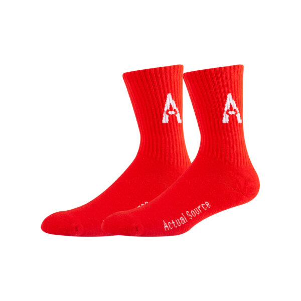 Vibrant red cotton socks with 'A' on the cuffs and 'Actual Source' on the bottom, by Sinoknit.