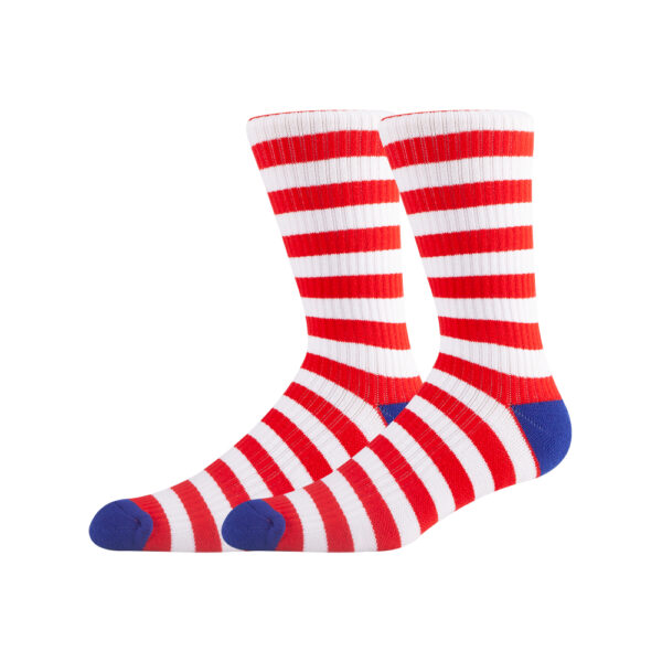 Chaussettes en coton Sinoknit pour hommes et femmes, avec rayures rouges/blanches et embouts bleus.