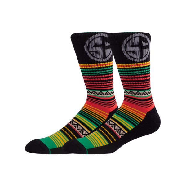 Black customizable socks with green, yellow, red, and pink stripes plus a gray emblem. Tailor to your unique style.