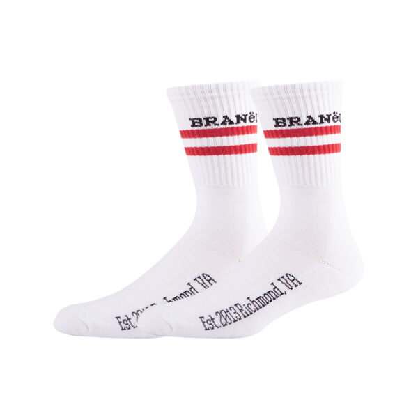 Sinoknit's stylish white crew socks feature red stripes, "BRANĞEL," and "Est. 2023 Richmond, VA." Customize your look with these branded socks!