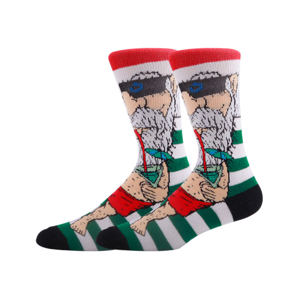 Sinoknit Personalized Socks feature a bearded gnome on green and white stripes, perfect fun socks for men and women.