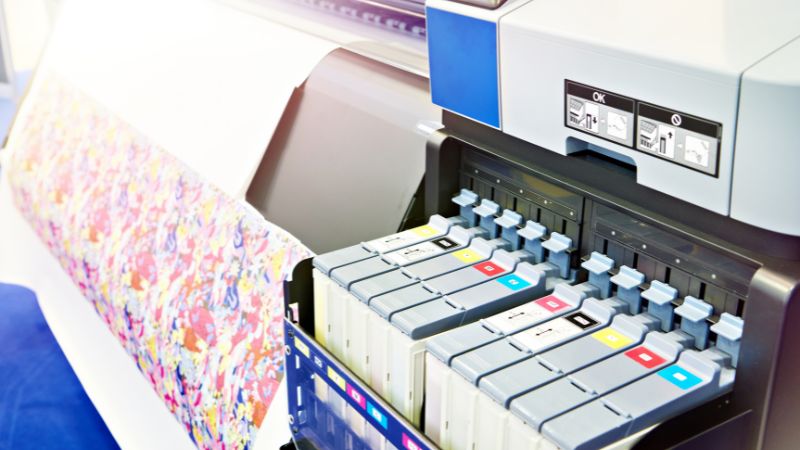 Close-up of a large-format printer using colorful inks to print a patterned design on high-quality fabric for sublimation.