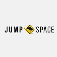 Jump Space" logo: black kangaroo on yellow diamond sign, placed between the words.