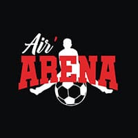 Logo with "Air' Arena" in red/white and a silhouette of a person sitting on a soccer ball in the background.