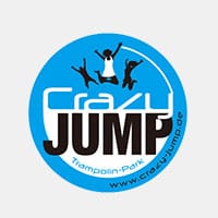 Crazy Jump Trampoline Park logo: three silhouettes jumping on a blue circle with the URL www.crazy-jump.de.